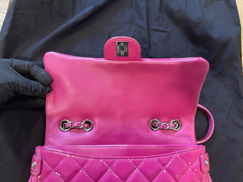 Chanel flap bag pink silver hardware patent leather