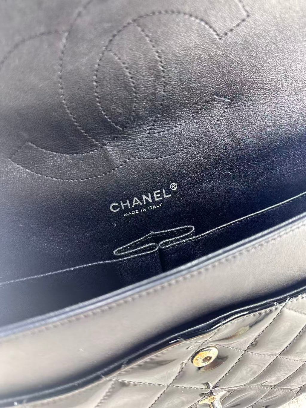 Chanel double flap bag black patent jumbo