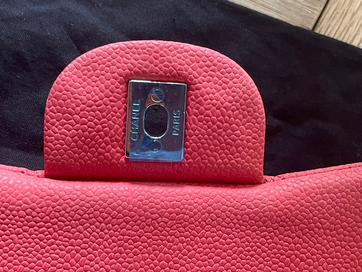 Chanel double flap bag red caviar jumbo silver gold hardware