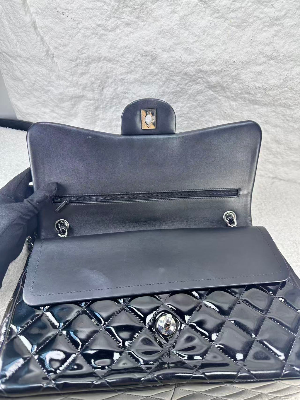 Chanel double flap bag black patent jumbo