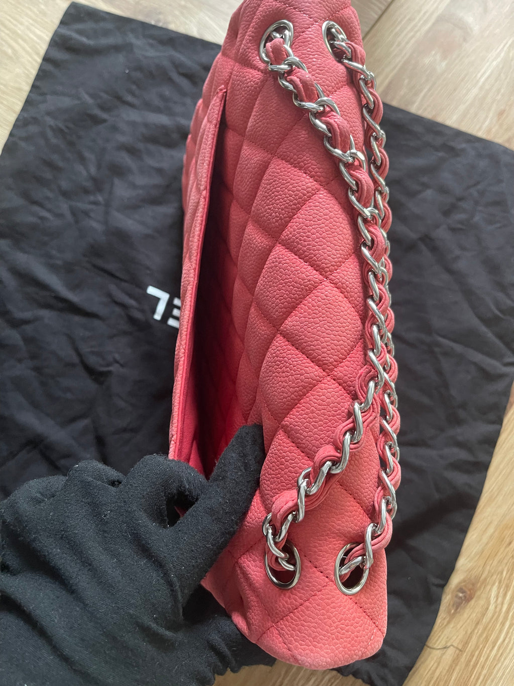 Chanel double flap bag red caviar jumbo silver gold hardware