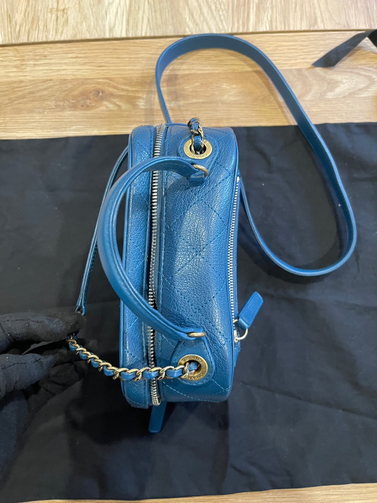 chanel small blue bag gold hardware