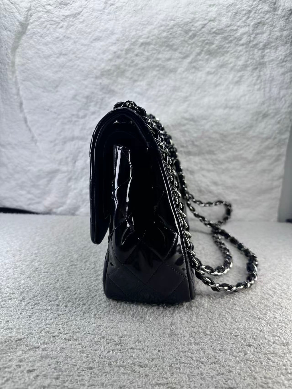 Chanel double flap bag black patent jumbo