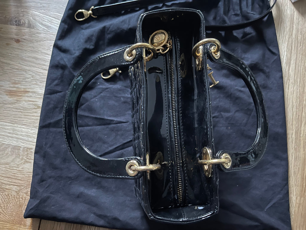lady dior medium black gold hardware patent leather