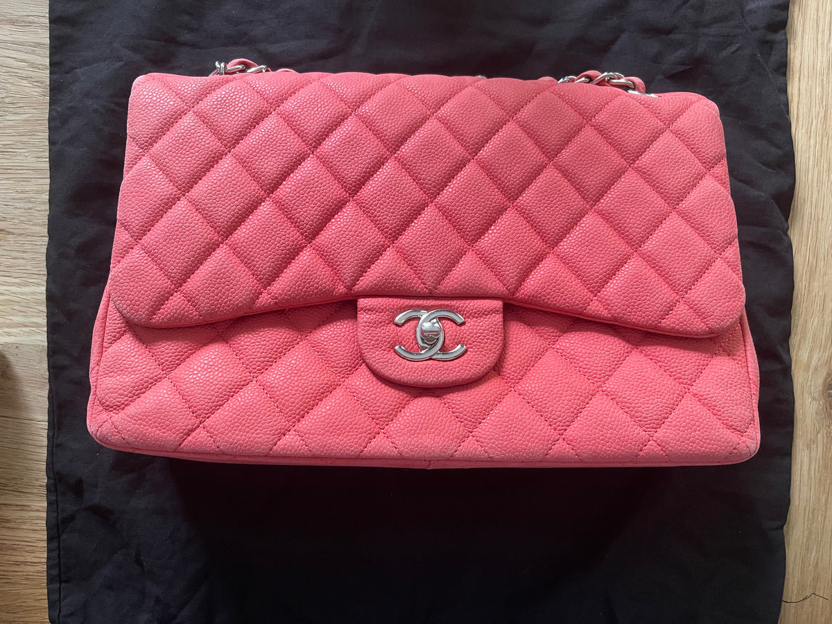 Chanel double flap bag red caviar jumbo silver gold hardware