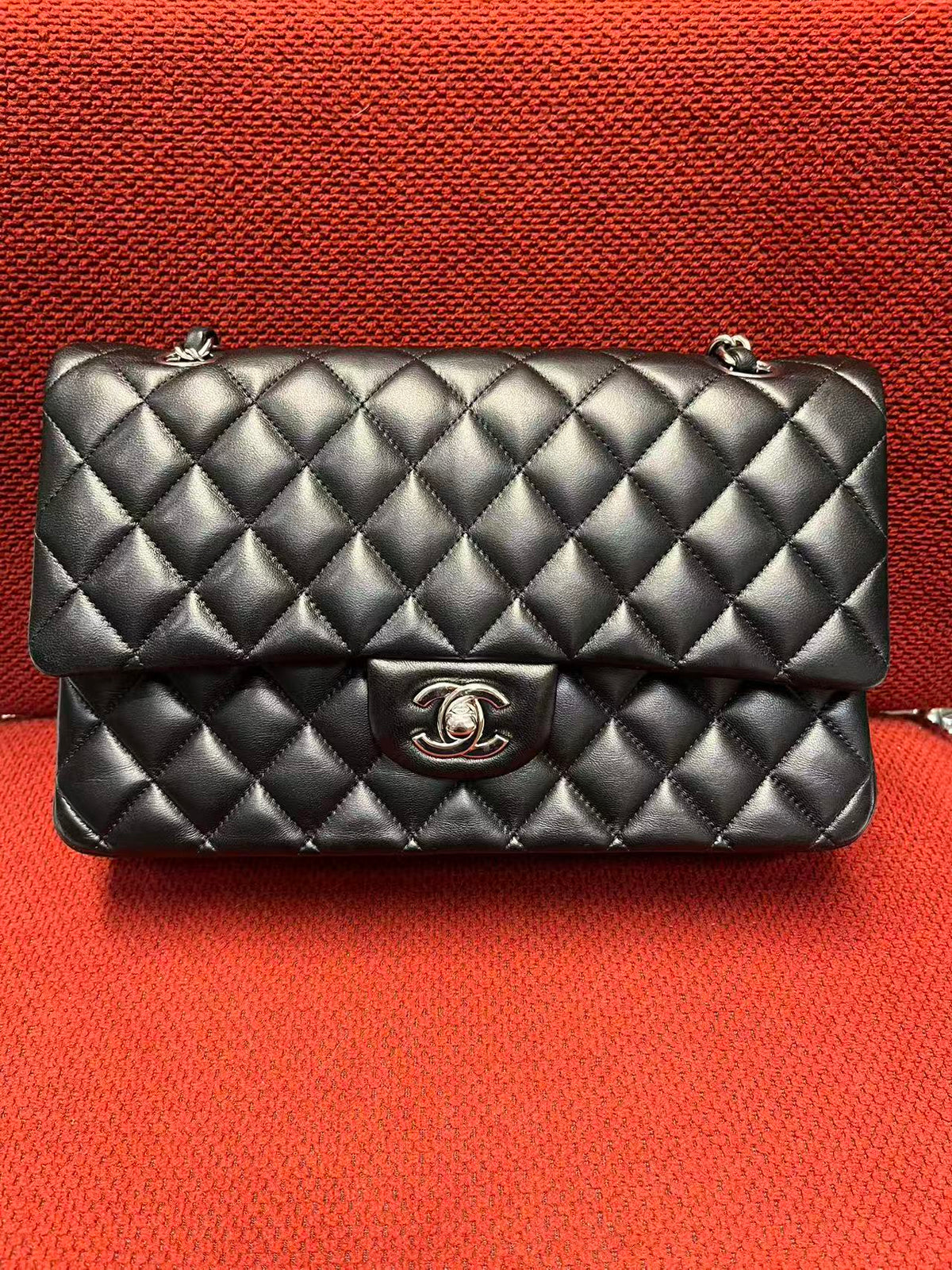 Chanel  Classic double flap bag lambskin black medium silver hardware