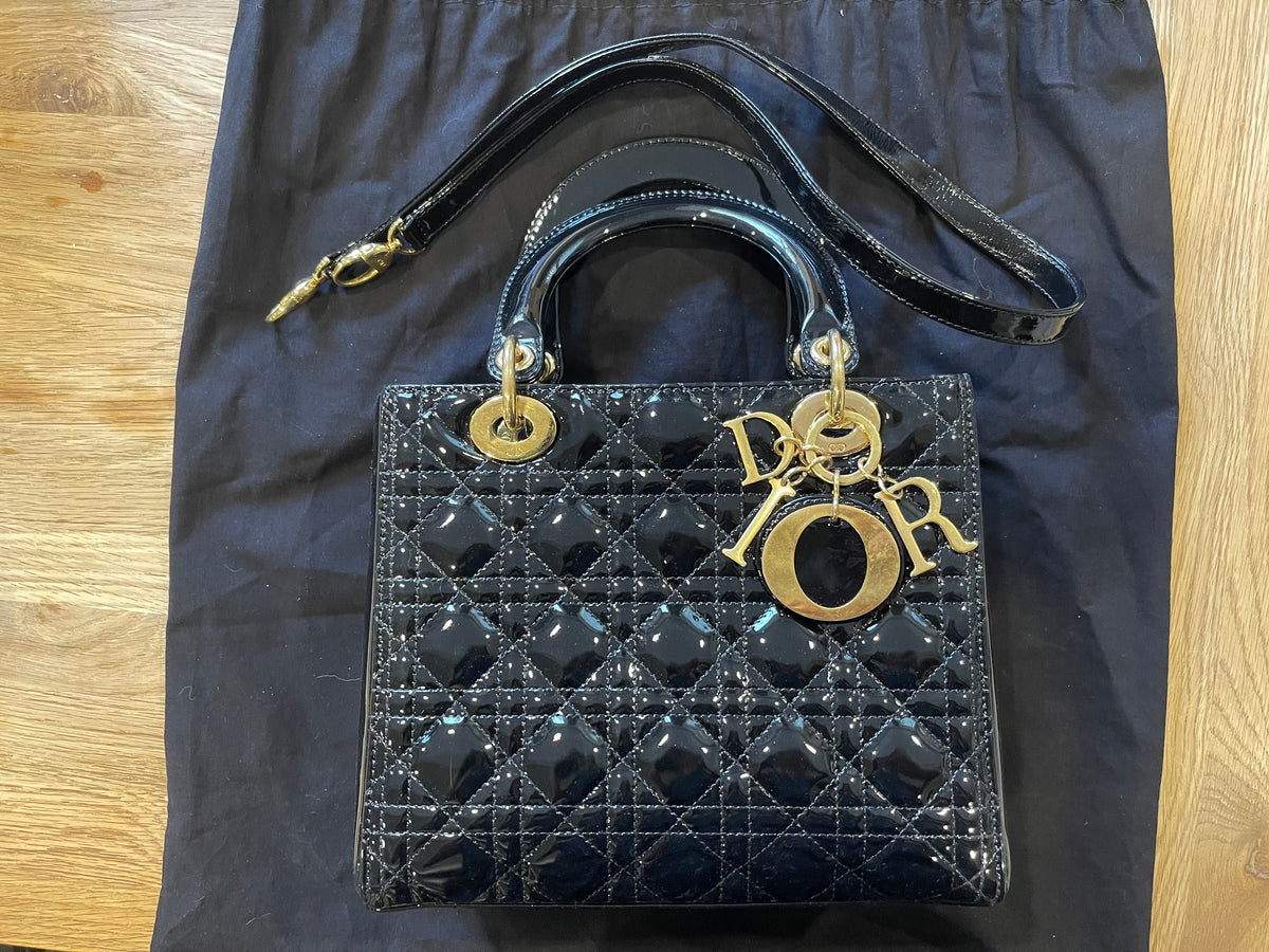 lady dior medium black gold hardware patent leather