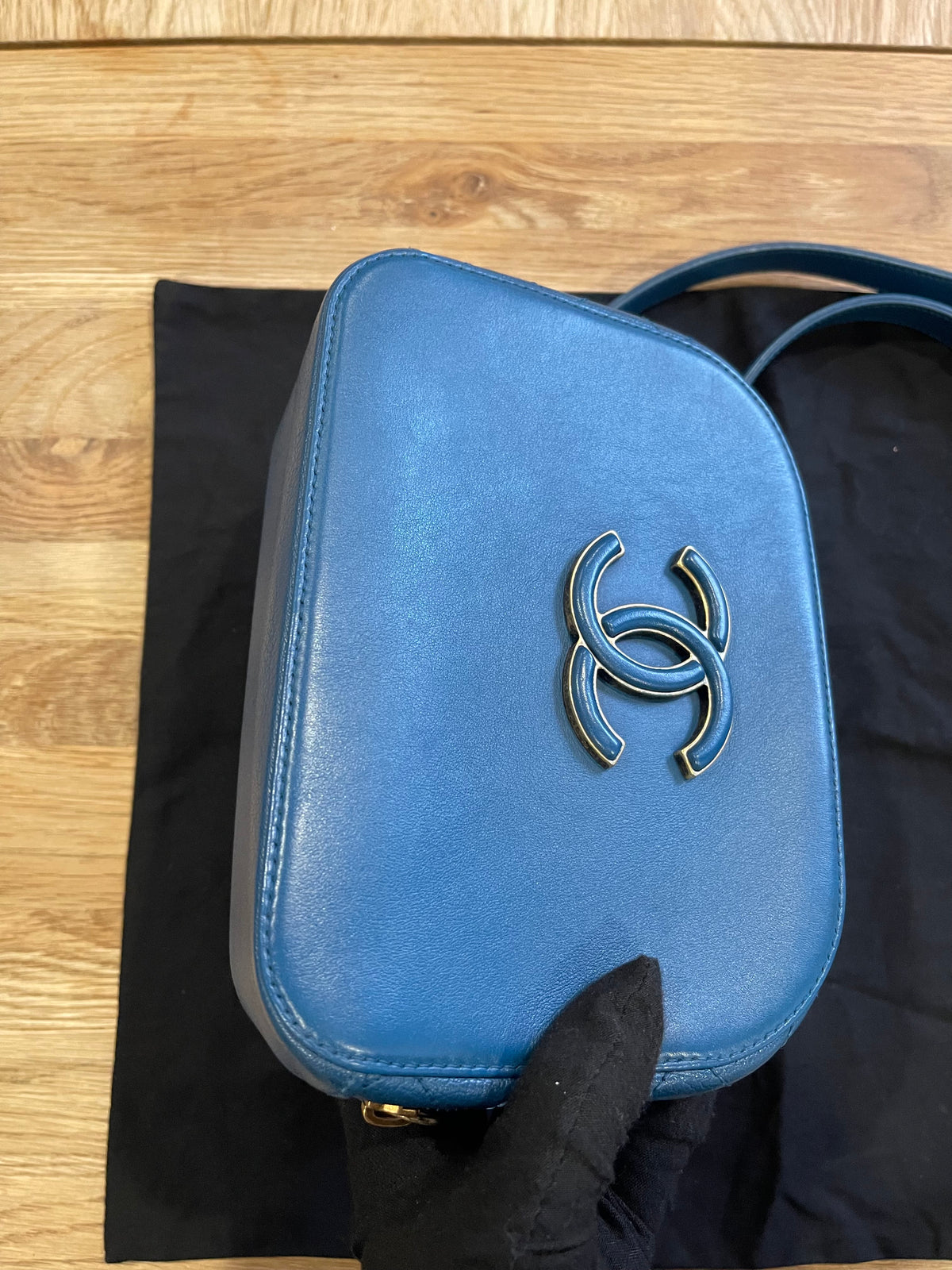 chanel small blue bag gold hardware