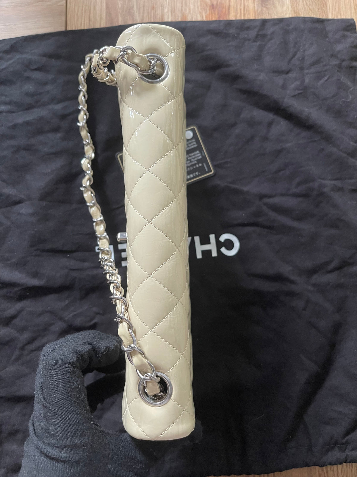 Chanel flap bag patent beige color