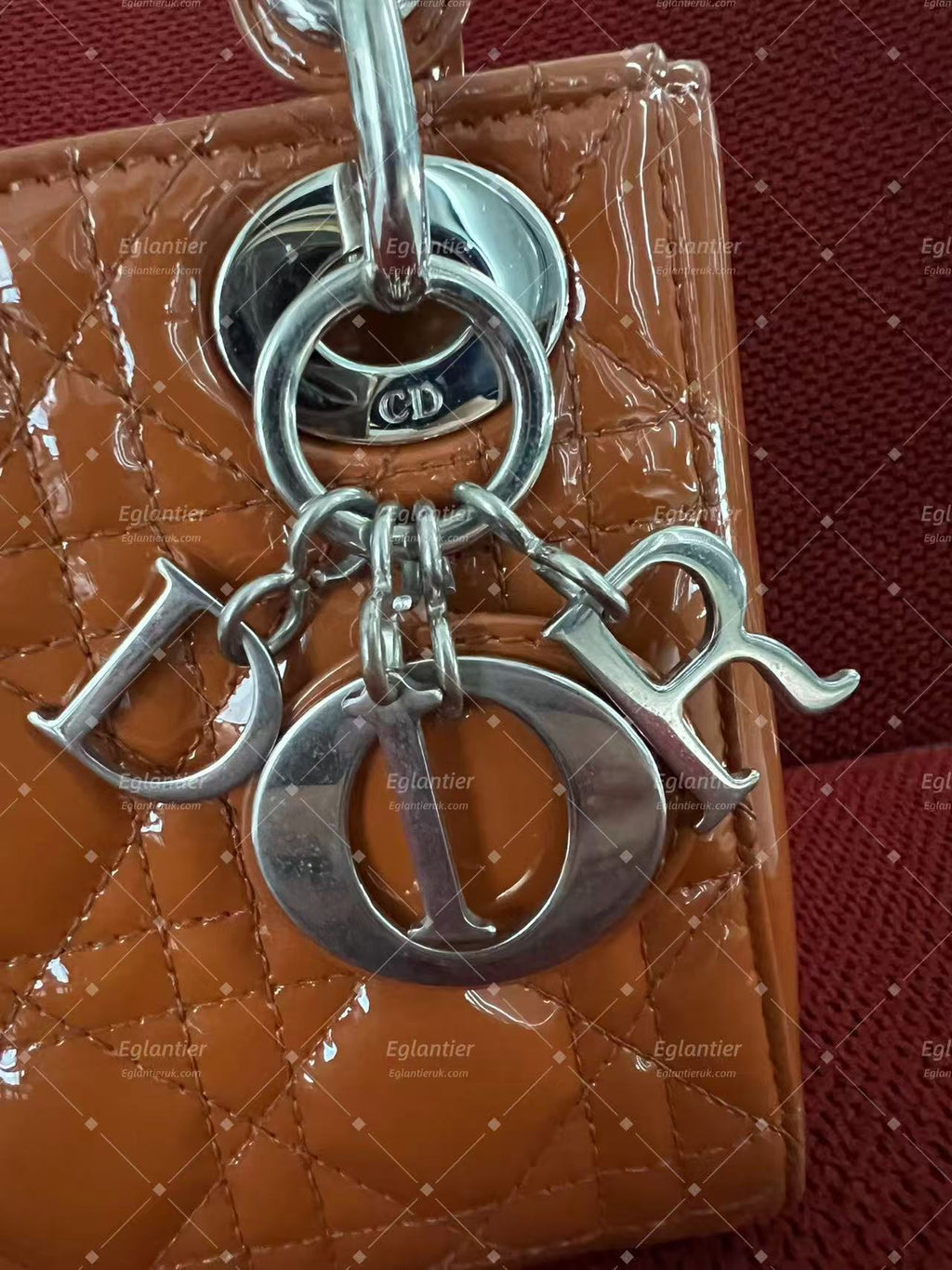 Lady Dior Mini Tan Patent leather silver hardware