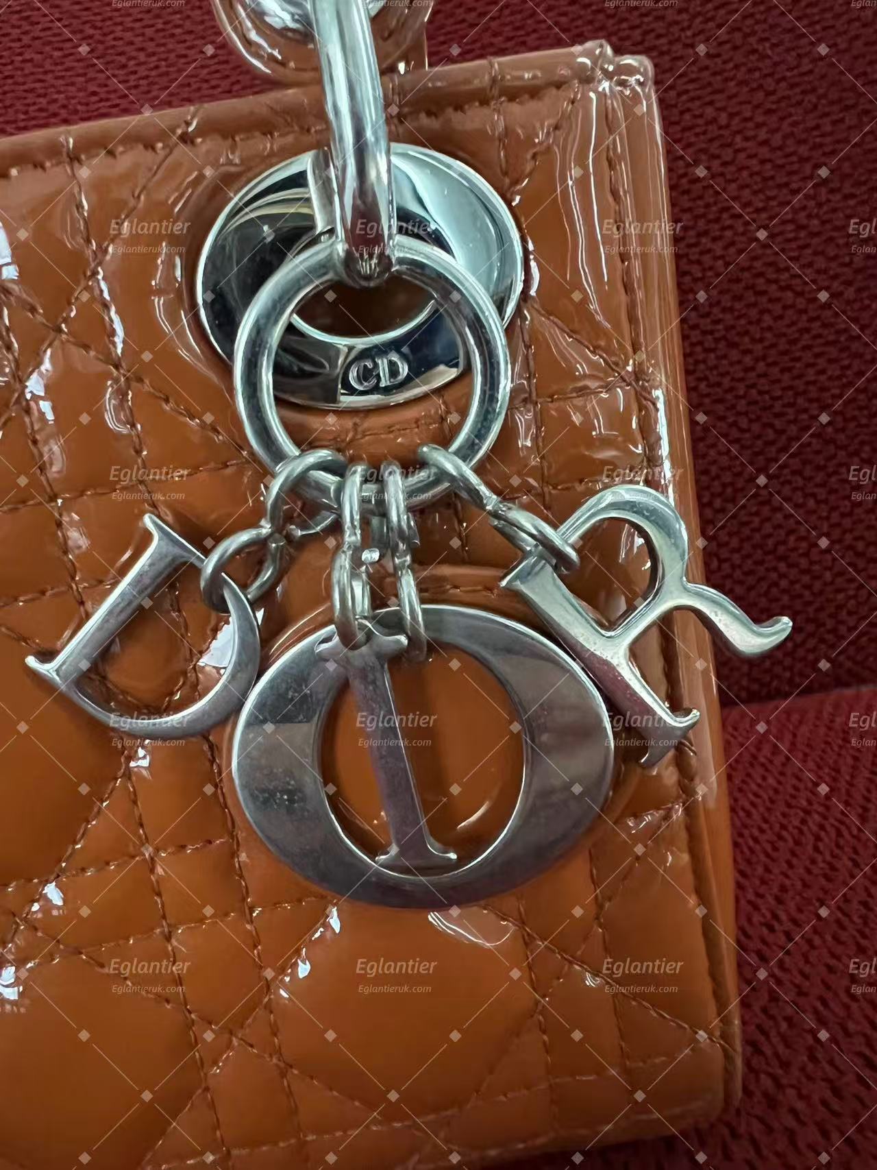 Lady Dior Mini Tan Patent leather silver hardware