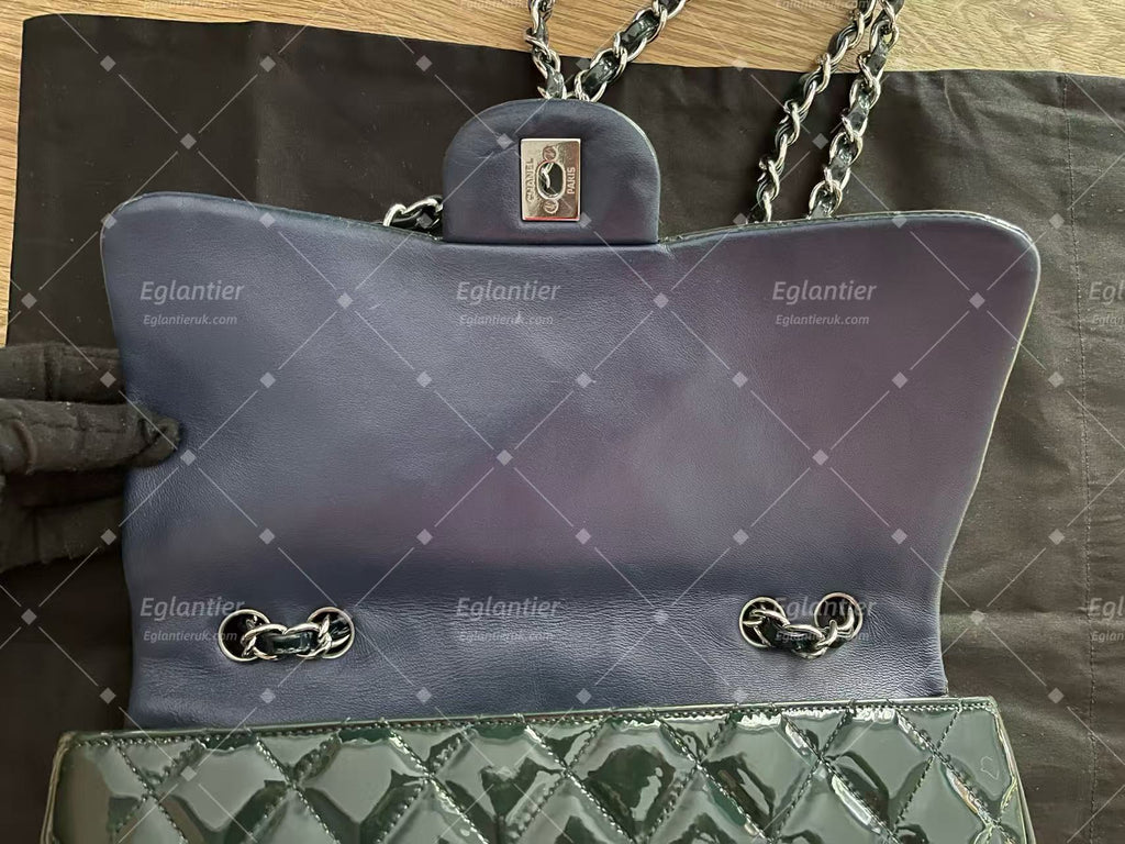 Chanel double flap bag patent leather dark green jumbo