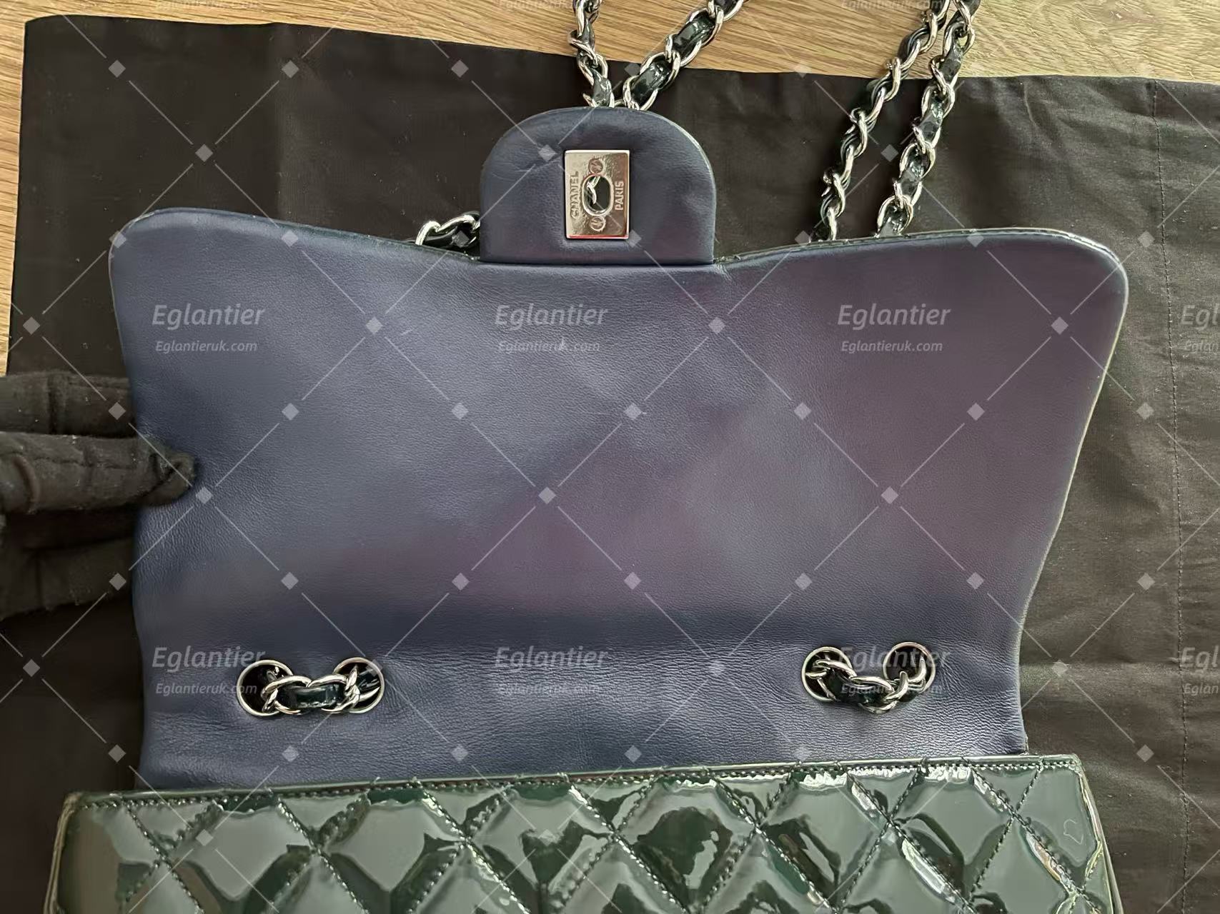 Chanel double flap bag patent leather dark green jumbo