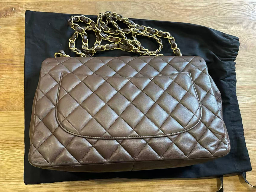 Chanel single flap bag Chocolate jumbo gold hardware lambskin