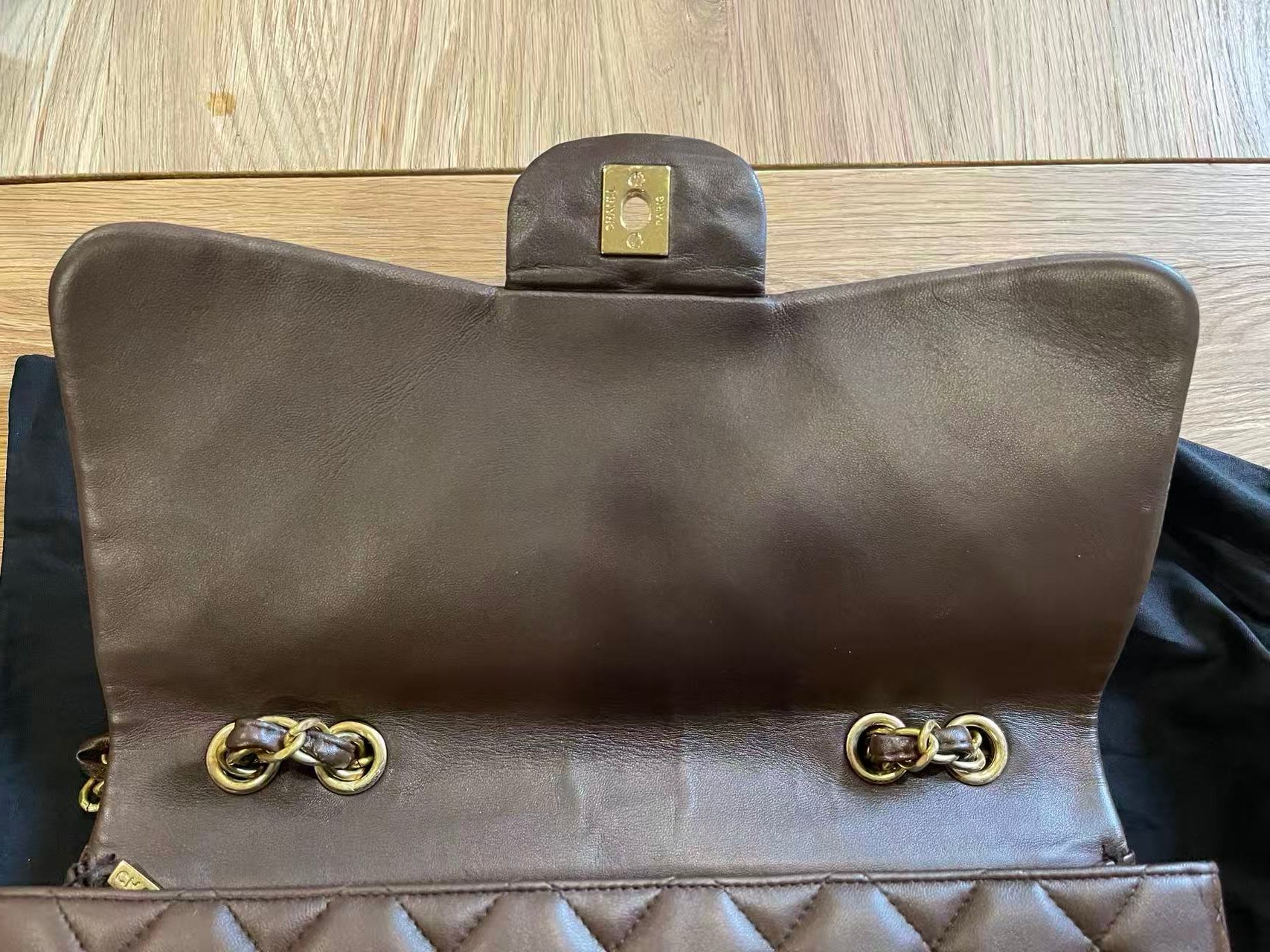 Chanel single flap bag Chocolate jumbo gold hardware lambskin