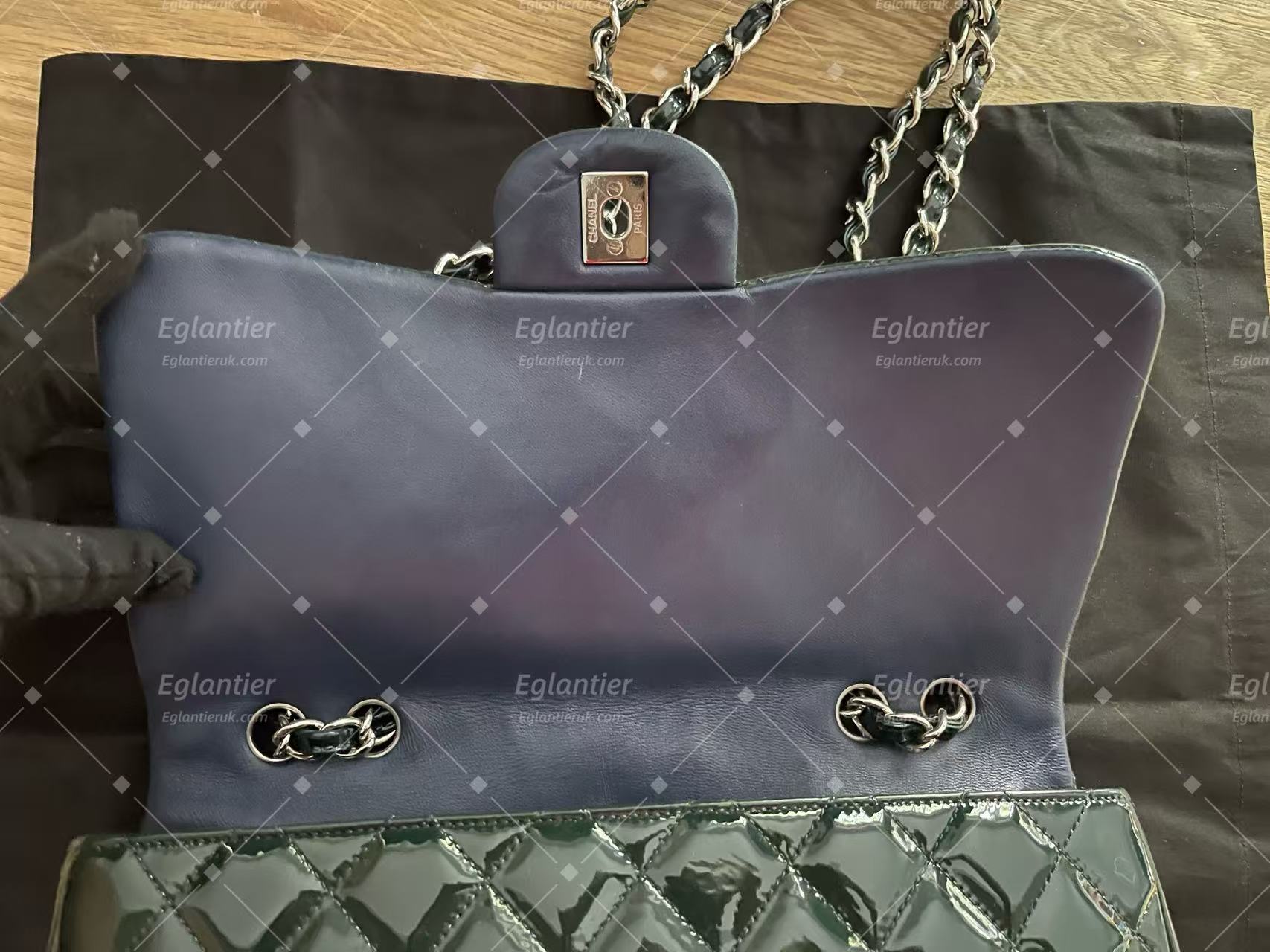 Chanel double flap bag patent leather dark green jumbo