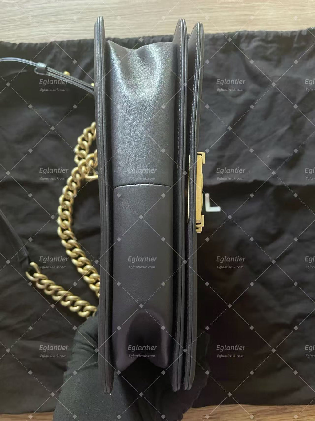 chanel leboy medium black flap bag lambskin gold hardware ID card
