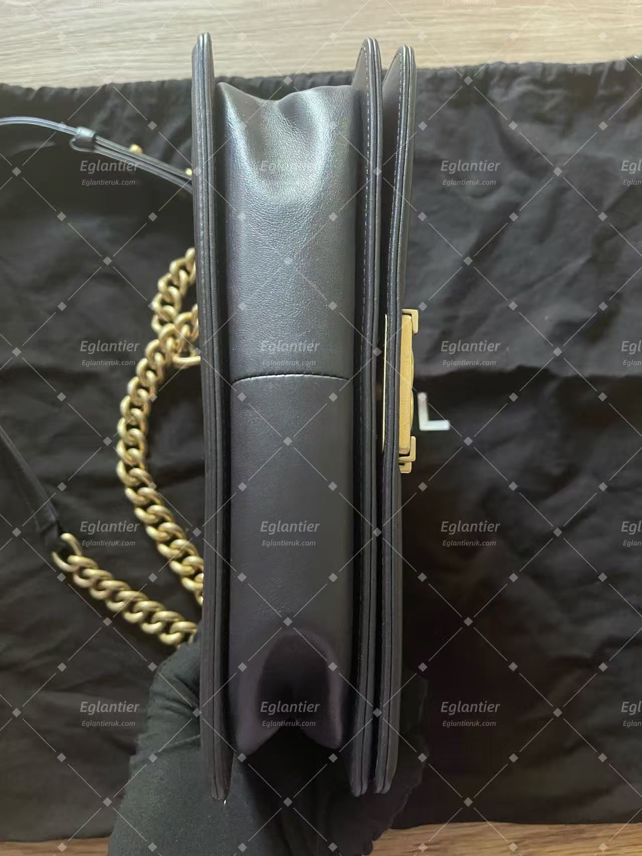 chanel leboy medium black flap bag lambskin gold hardware ID card