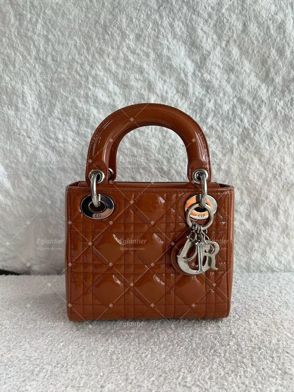 Lady Dior Mini Tan Patent leather silver hardware