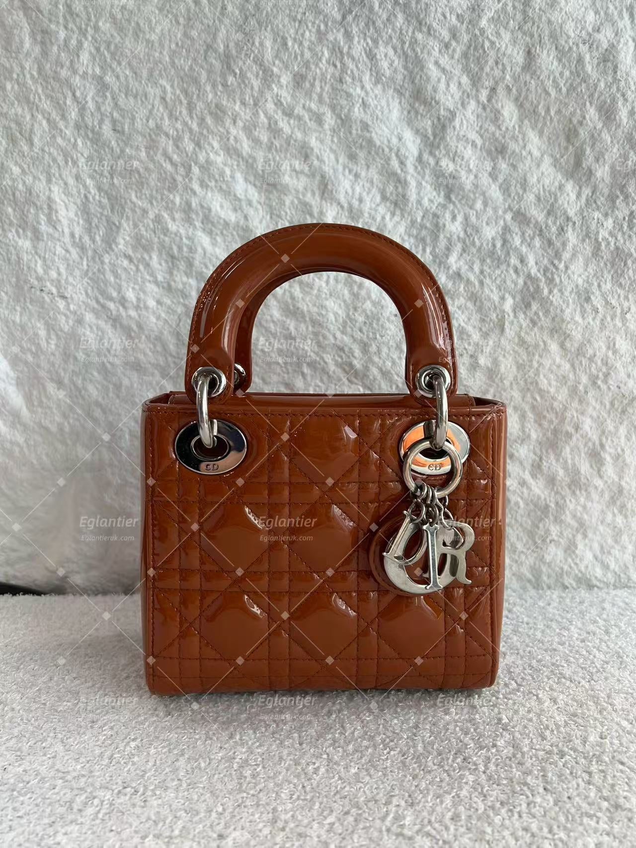 Lady Dior Mini Tan Patent leather silver hardware