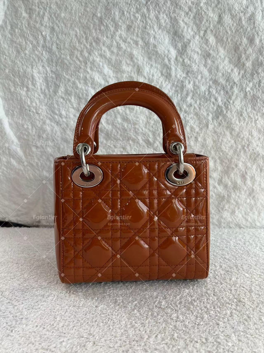 Lady Dior Mini Tan Patent leather silver hardware