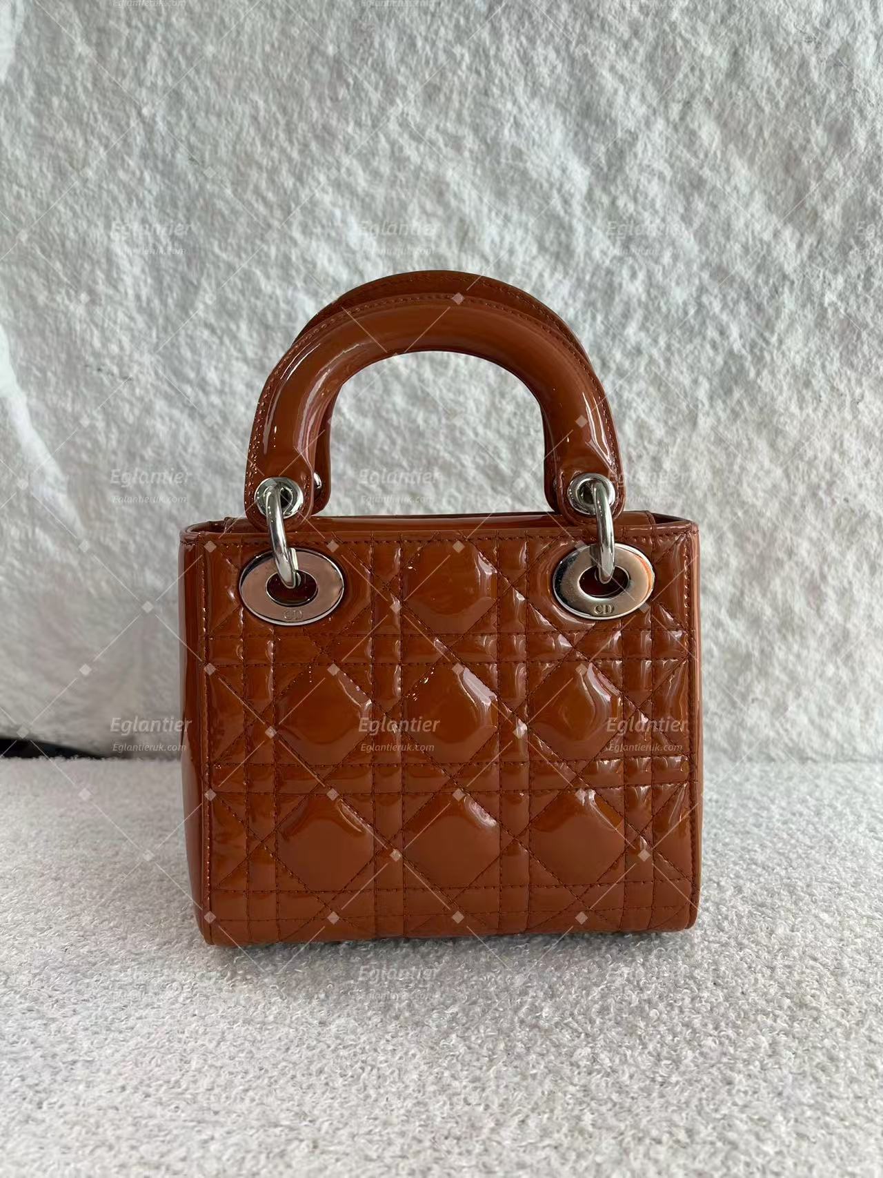Lady Dior Mini Tan Patent leather silver hardware