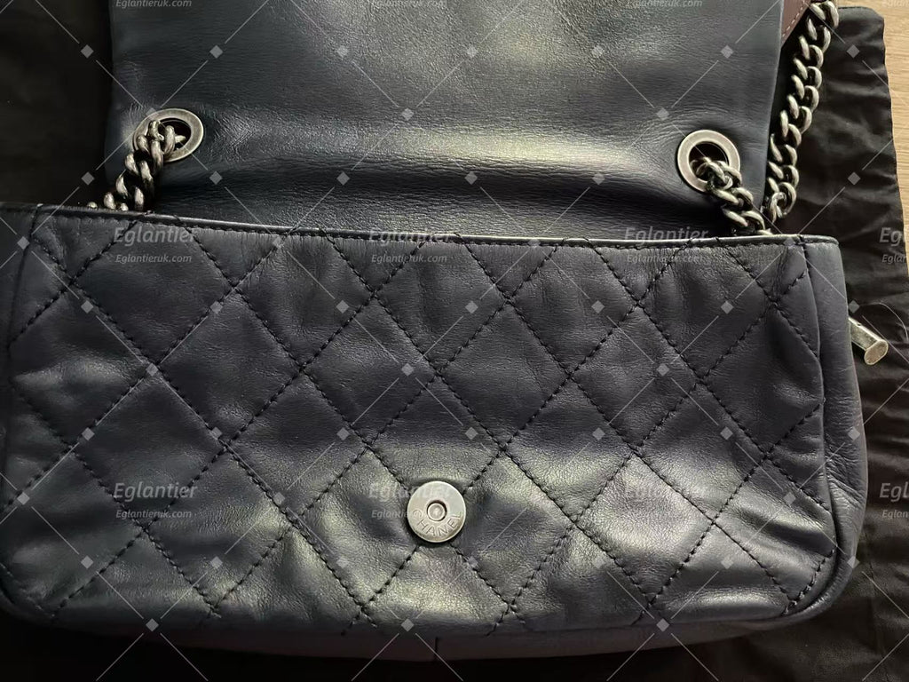 chanel navy/grey single flap bag calfskin silver hardware