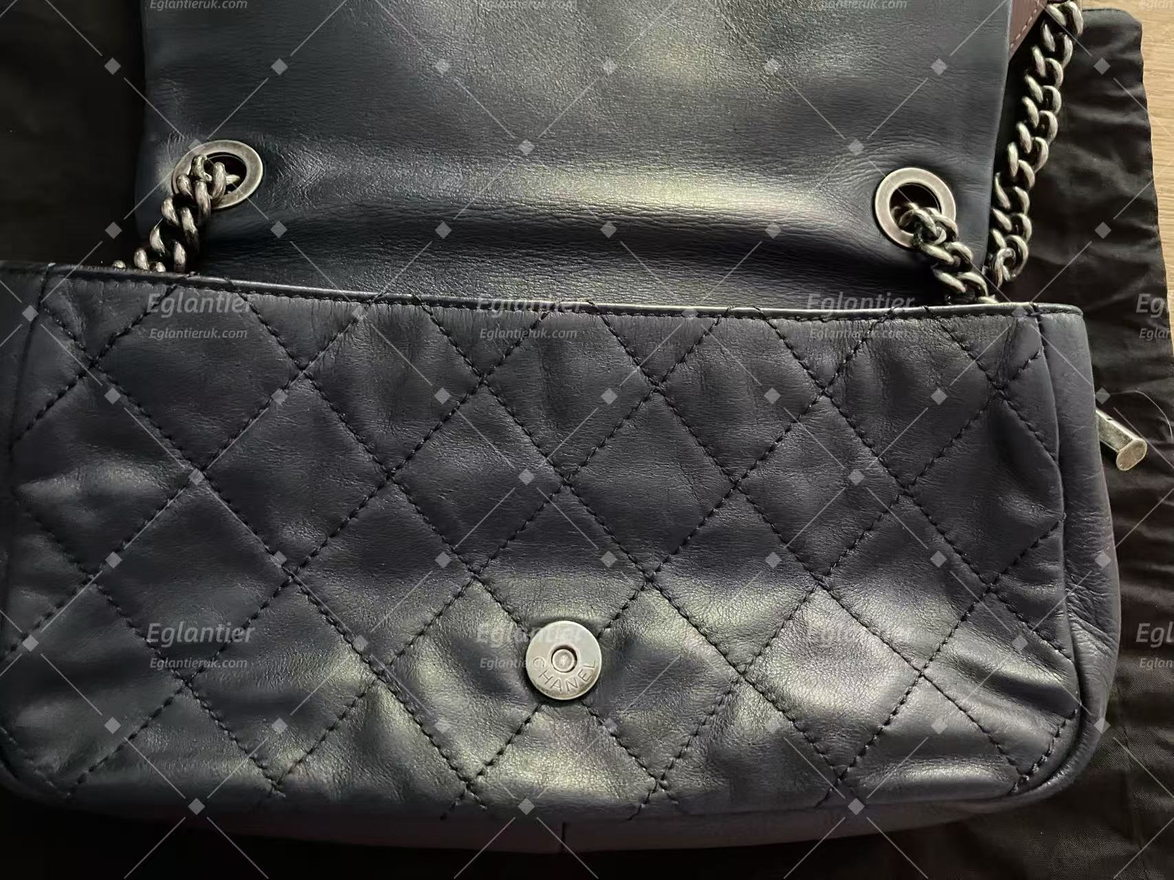 chanel navy/grey single flap bag calfskin silver hardware