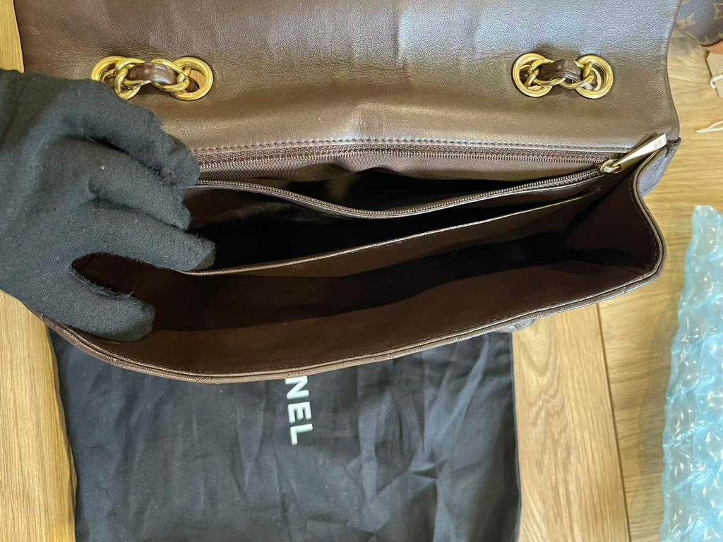 Chanel single flap bag Chocolate jumbo gold hardware lambskin