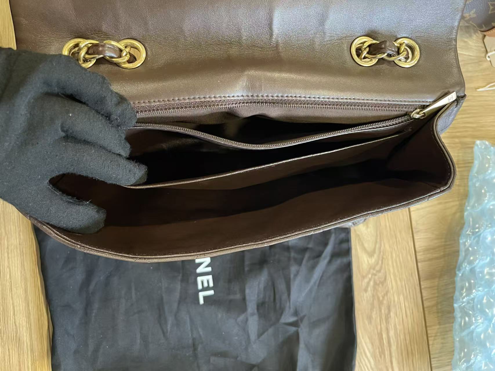 Chanel single flap bag Chocolate jumbo gold hardware lambskin