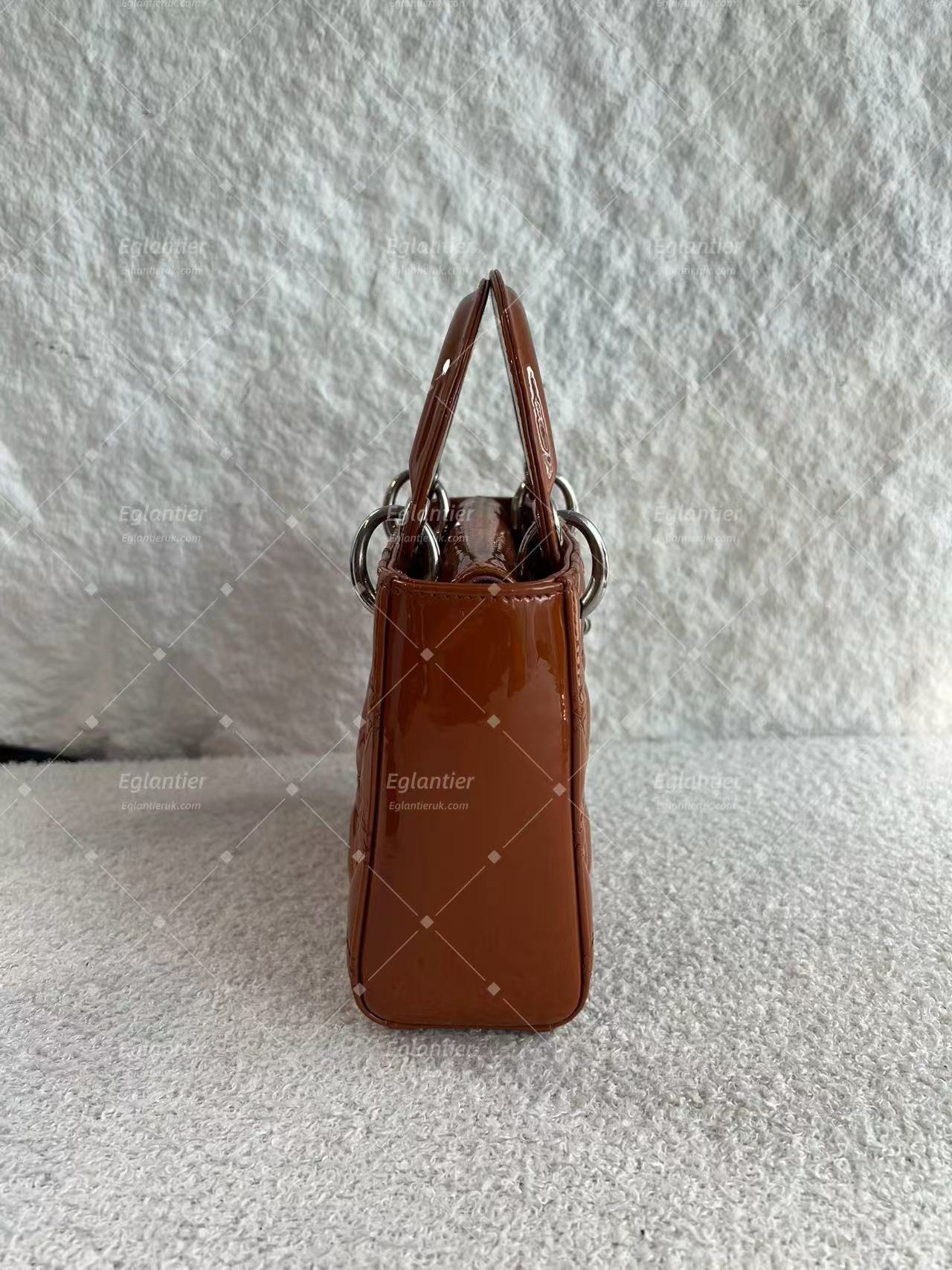 Lady Dior Mini Tan Patent leather silver hardware