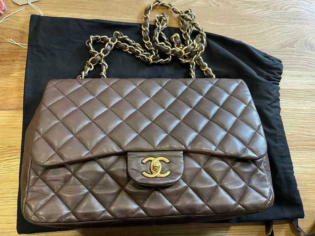Chanel single flap bag Chocolate jumbo gold hardware lambskin
