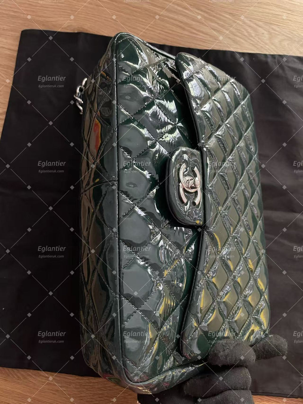 Chanel double flap bag patent leather dark green jumbo